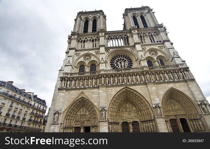 View of the beautiful Notre Dame Cathedral in Paris, France