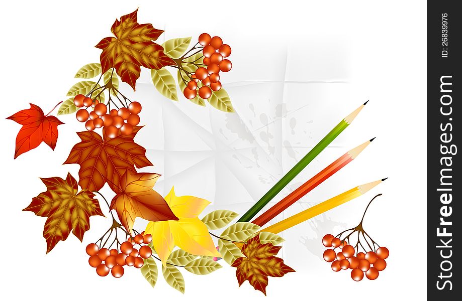 Autumn Banner With Pencils, Leafs And Paper