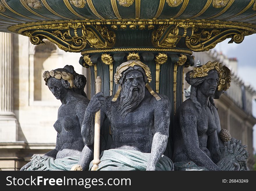 Partial detail of the beautiful La Fontaine des Fleuves located on the Place de la Concorde, Paris, France. Partial detail of the beautiful La Fontaine des Fleuves located on the Place de la Concorde, Paris, France.