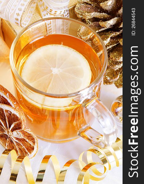 Hot lemon tea and colorful decoration. Hot lemon tea and colorful decoration