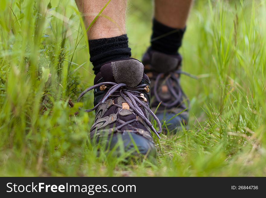 Closeup of a hiking shoes in a grass. Closeup of a hiking shoes in a grass