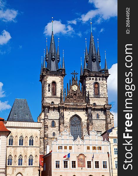 View of the Tyn Church in Prague, Czech Republic