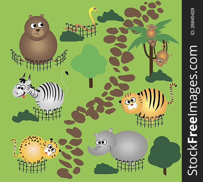 Cartoon illustration with funny animals in zoo