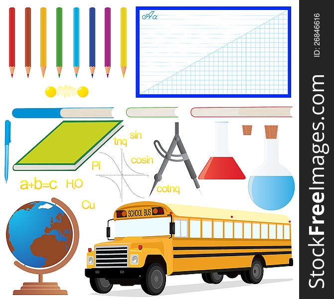 School bus and a set of school items and accessories. The illustration on the theme of the school on a white background.