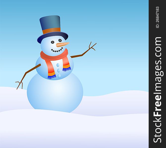 Cheerful snowman. Winter holiday landscape. Vector drawing