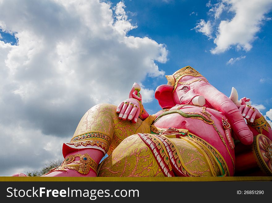 Pink ganecha in relaxing protrait on blue sky and white cloud,Wat Samarn, Chachoengsao,Thailand.