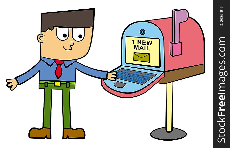 A cartoon business man looking at a computer that looks like a mail box. A cartoon business man looking at a computer that looks like a mail box