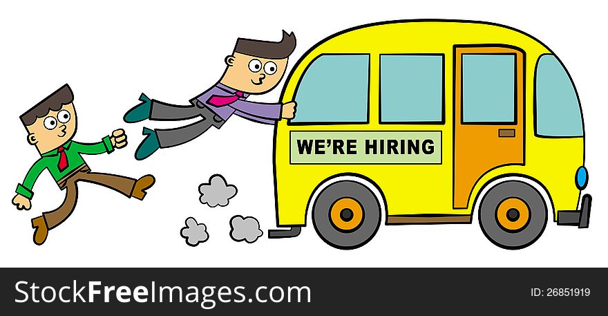 A group of men in business attire are trying to catch a bus with a we're hiring sign. A group of men in business attire are trying to catch a bus with a we're hiring sign