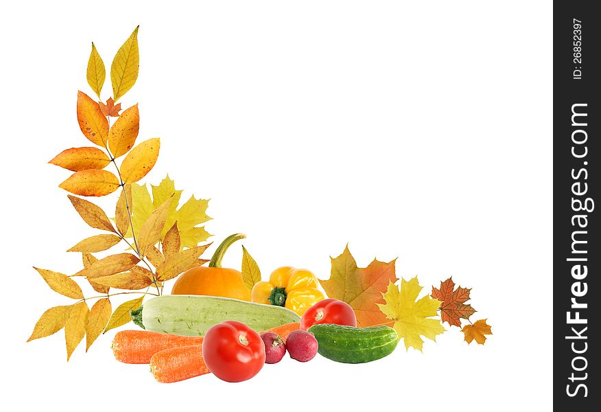 Harvest concept. Autumn leaves border with various vegetables on white background. Harvest concept. Autumn leaves border with various vegetables on white background