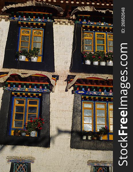 Tibetan windows of Jokhang Temple, Lhasa, Tibet, 2005.