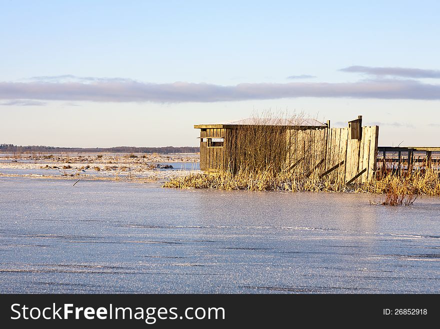 Birdwatching hides in winter time