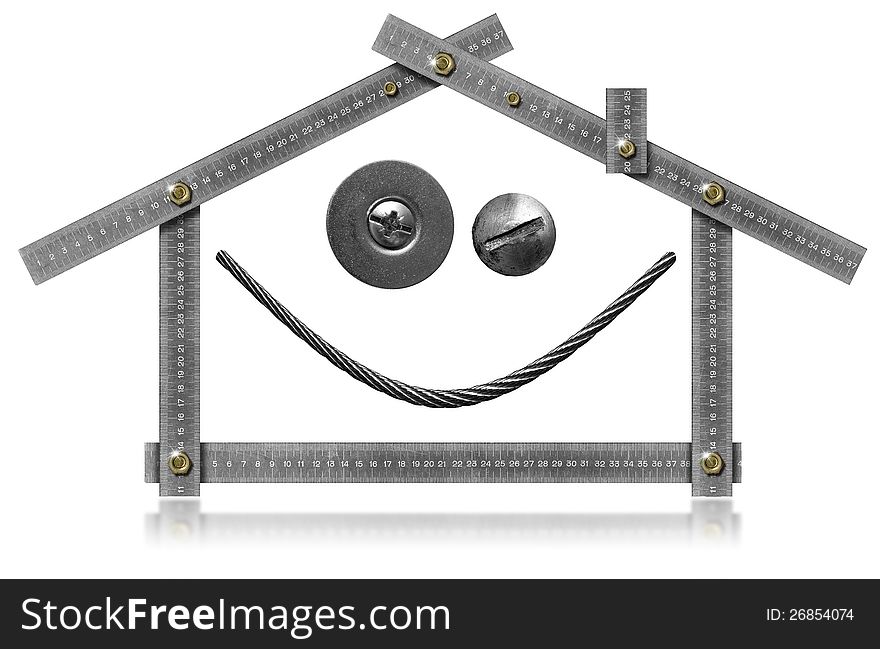 Metal meter tool forming a house smiles and winks. Metal meter tool forming a house smiles and winks