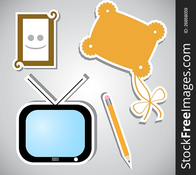 Set of stickers with different objects. Additional vector format Eps8.