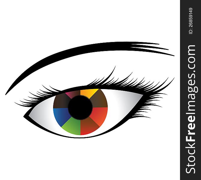 Colorful illustration of human eye with multicolored iris showing almost rainbow colors and black pupil at the center. The graphic(girl's eye) is created on a white background. Colorful illustration of human eye with multicolored iris showing almost rainbow colors and black pupil at the center. The graphic(girl's eye) is created on a white background