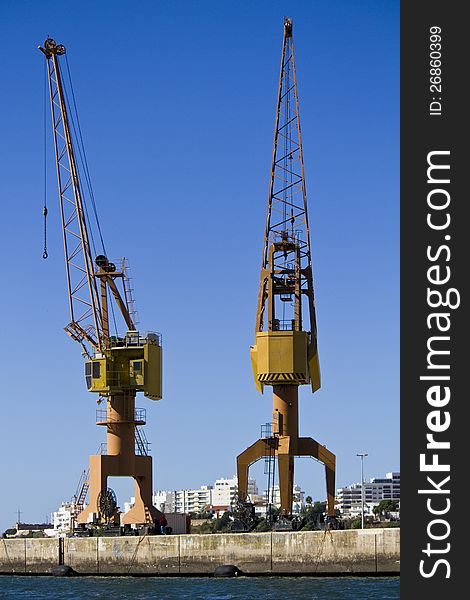 View of a port crane at the docks.