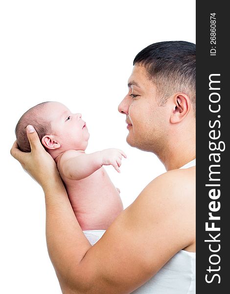 Happy father holding baby in his hands isolated on white. Happy father holding baby in his hands isolated on white