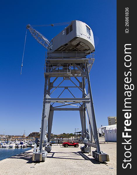 View of a port crane at the docks.