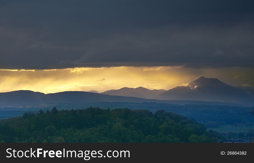 Scottish Highlands at sunset, View from castle hill in Stirling.