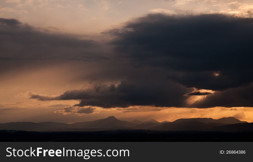 Scottish Highlands at sunset, View from castle hill in Stirling.