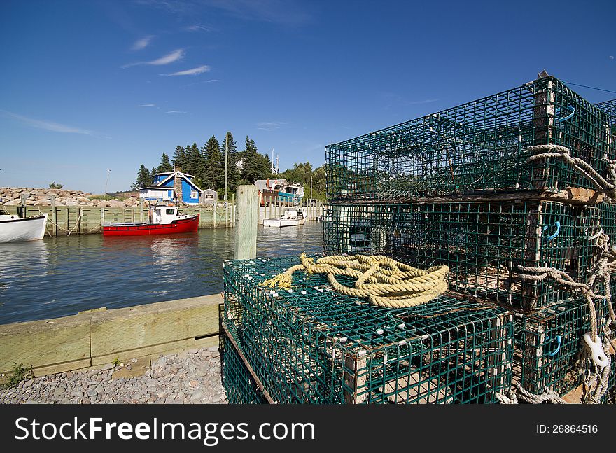 Lobster traps and fishing boats
