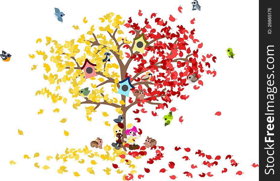 A wonder tree with of the yellow leaves and red leaves. Two girls are in the twilight. A wonder tree with of the yellow leaves and red leaves. Two girls are in the twilight.