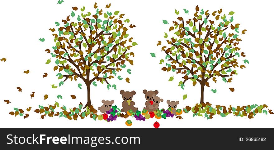 A bear family is filling their mouth with autumn fruits in the forest for preparation for hibernation. A bear family is filling their mouth with autumn fruits in the forest for preparation for hibernation.