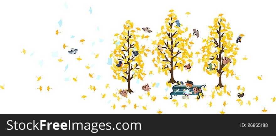 A man is reading a book with small animals on the bench in the forest that ginkgo leaves are dancing. A man is reading a book with small animals on the bench in the forest that ginkgo leaves are dancing.