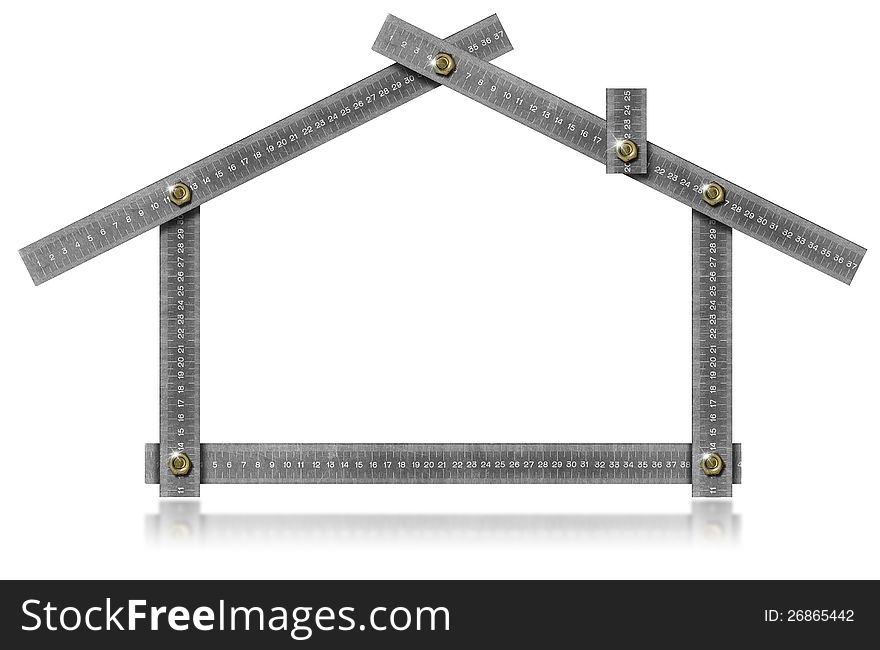 Metal meter tool forming a house with bolts and reflections. Metal meter tool forming a house with bolts and reflections