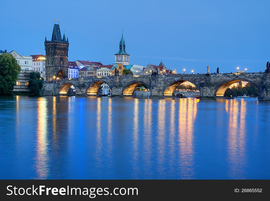 The Charles Bridge in early evening in Prague, Czech Republic.