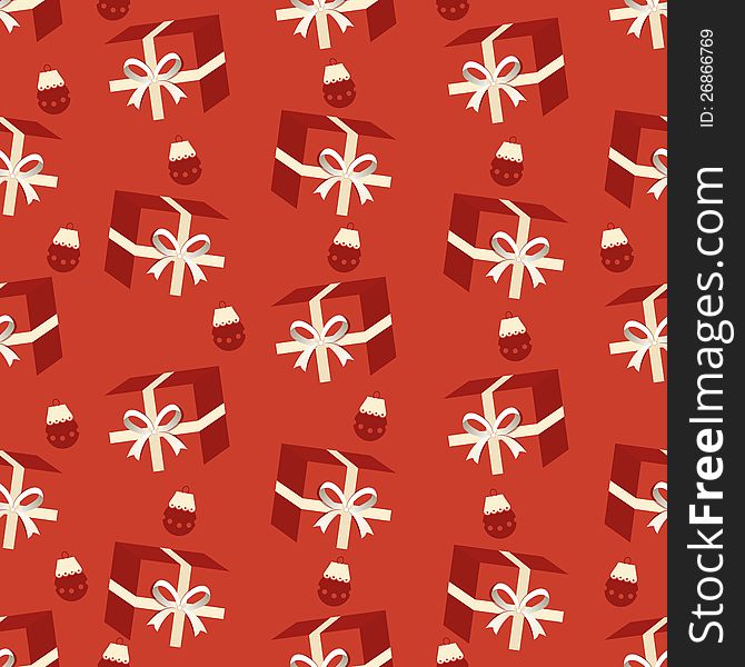 Gift box seamless pattern on red background