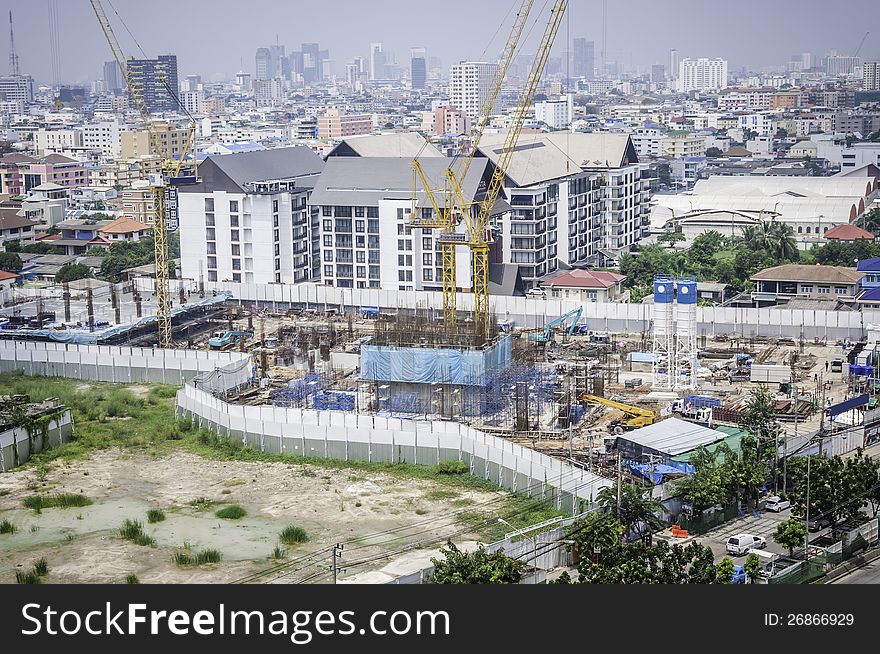 Construction in bird eye view on sunlight sky