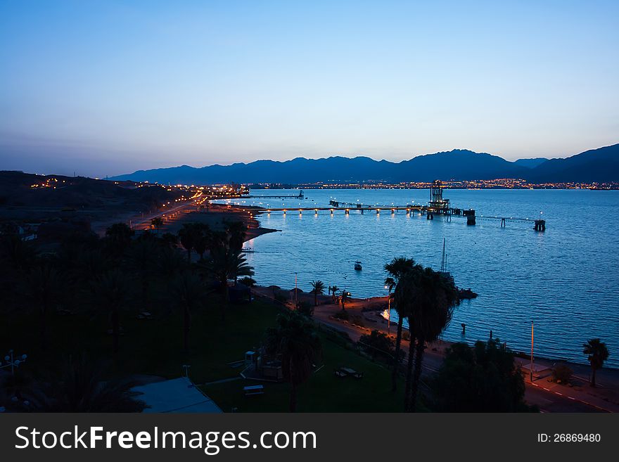 Beautiful night view over the bay of Eilat resort city Red Sea Israel. Beautiful night view over the bay of Eilat resort city Red Sea Israel