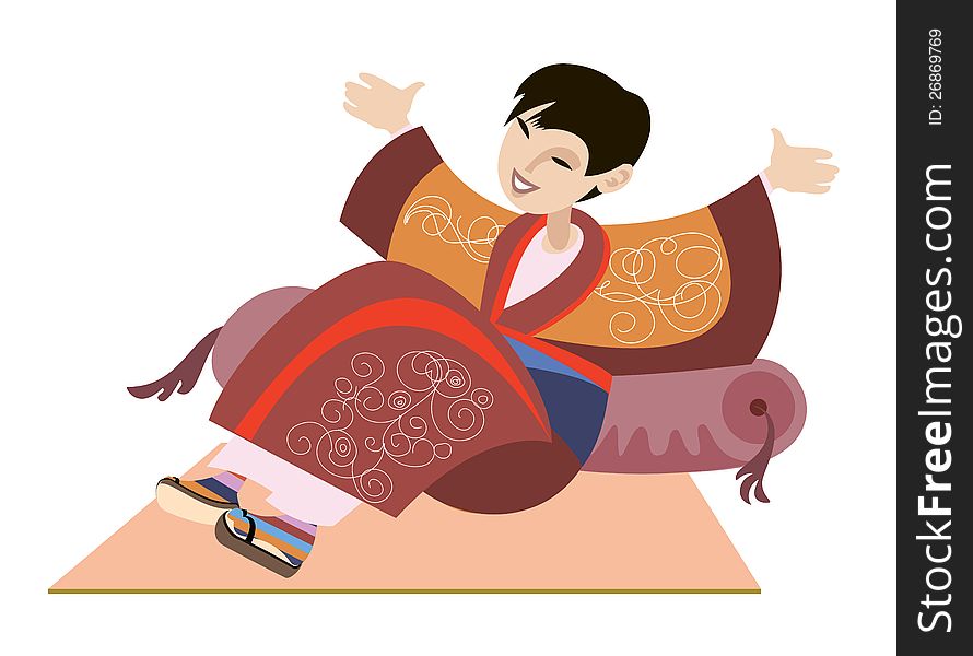 Lambent Japanese boy in kimono on the mat