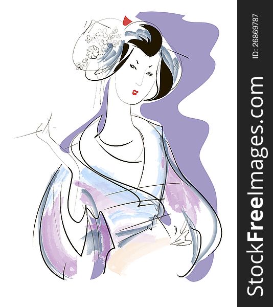 Sketch of a girl in costume and make-up of Geisha. Sketch of a girl in costume and make-up of Geisha