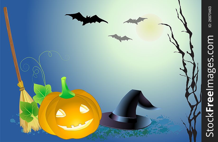 Decorative haloween celebrate background with magic hat,pumpkin and broom