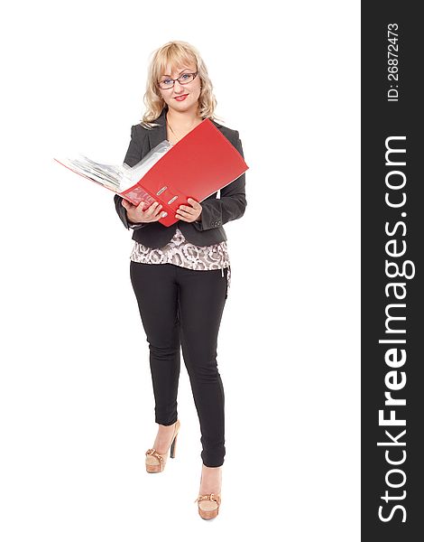 Blonde woman with red folder for documents on white background