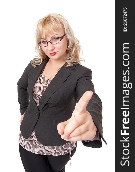 Strict business woman with glasses shaking his finger. Isolate on white.