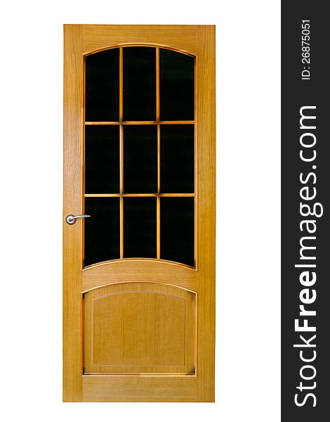Wood door with glass on a white background
