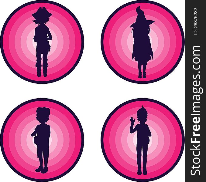 Badges with silhouettes of kids in halloween suits