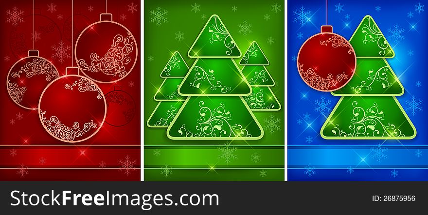 Christmas three colored background with baubles, trees, snowflakes, vector illustration