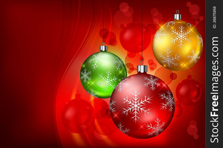 Christmas color baubles with snowflake on red background, vector illustration. Christmas color baubles with snowflake on red background, vector illustration