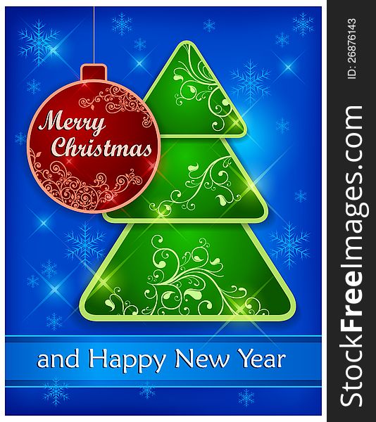 Christmas three colored background with baubles, trees, snowflakes & text, vector illustration