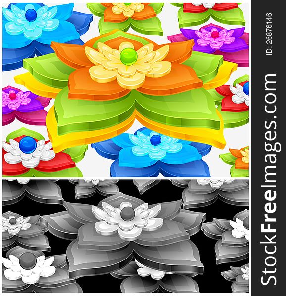 Color water lilies and green leaves background, vector illustration. Color water lilies and green leaves background, vector illustration