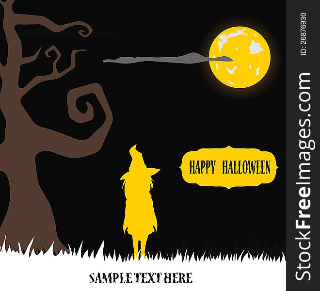 Halloween witch standing in moon light on grass. Halloween witch standing in moon light on grass