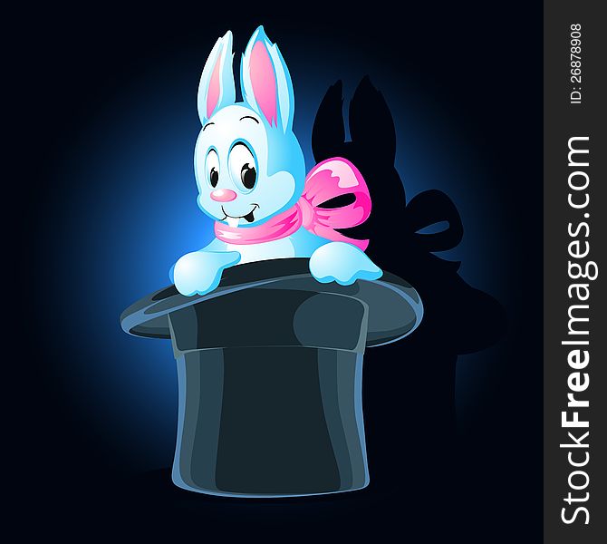 Rabbit with bow in a hat on dark background. Rabbit with bow in a hat on dark background