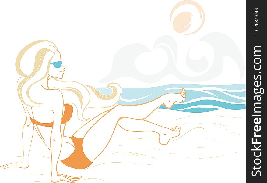 Linedrawing of young smiling woman in swimming suit and sun glass seets on the beach. With a  fluttering gorgeous hair. Linedrawing of young smiling woman in swimming suit and sun glass seets on the beach. With a  fluttering gorgeous hair.