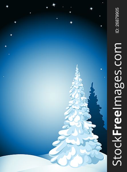White tree, snow, stars and snowflakes. White tree, snow, stars and snowflakes