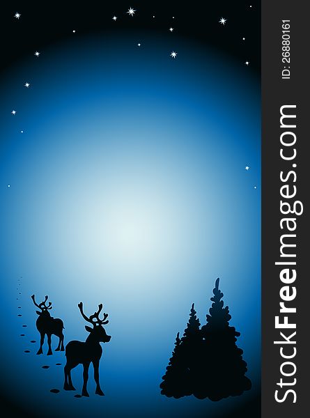 With reindeer silhouette, tree, snow, stars and snowflakes. With reindeer silhouette, tree, snow, stars and snowflakes