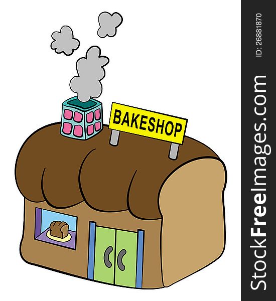 A humorous illustration of a bakeshop which has a shape of a bread. A humorous illustration of a bakeshop which has a shape of a bread