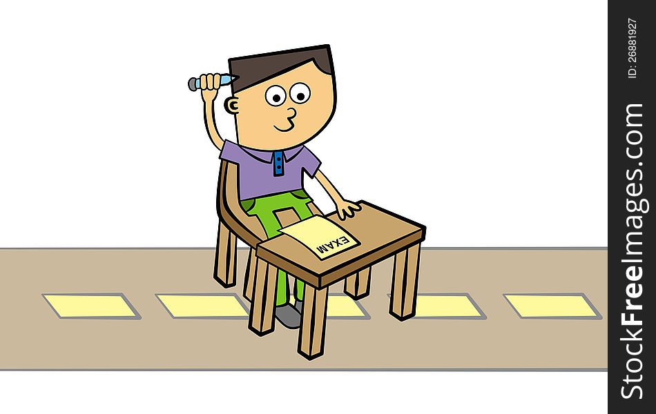 A man with a pencil, and paper with exam word printed on it is having an examination while on the middle of the road. A man with a pencil, and paper with exam word printed on it is having an examination while on the middle of the road